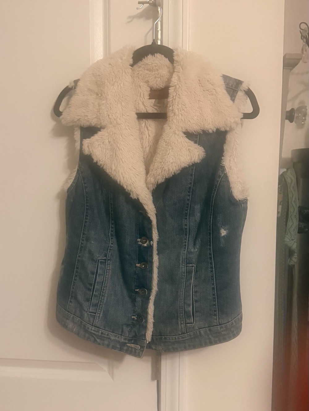 Guess Denim Vest with Cream Faux Shearling Trim